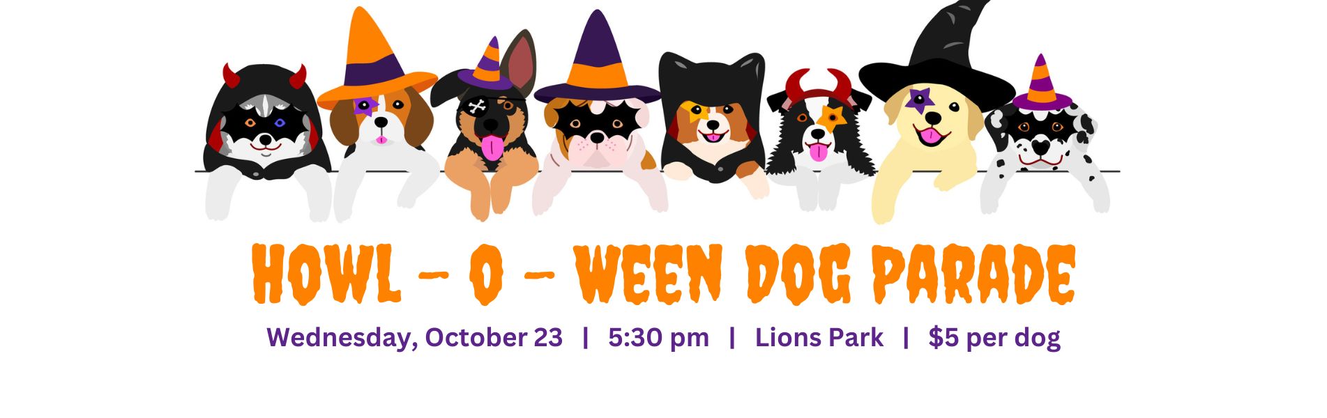 8 dogs promoting Howl-O-Ween Dog Parade